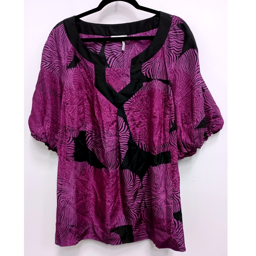 Classiques Entier Blouse Top Womens 18W Purple Abstract Silk Blend Short Sleeve